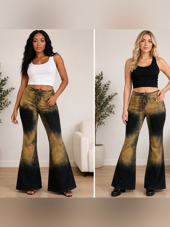 Fashion Nova Denim - Y2K Black Gold Acid Wash Lace Up Flare Jeans Pants XL